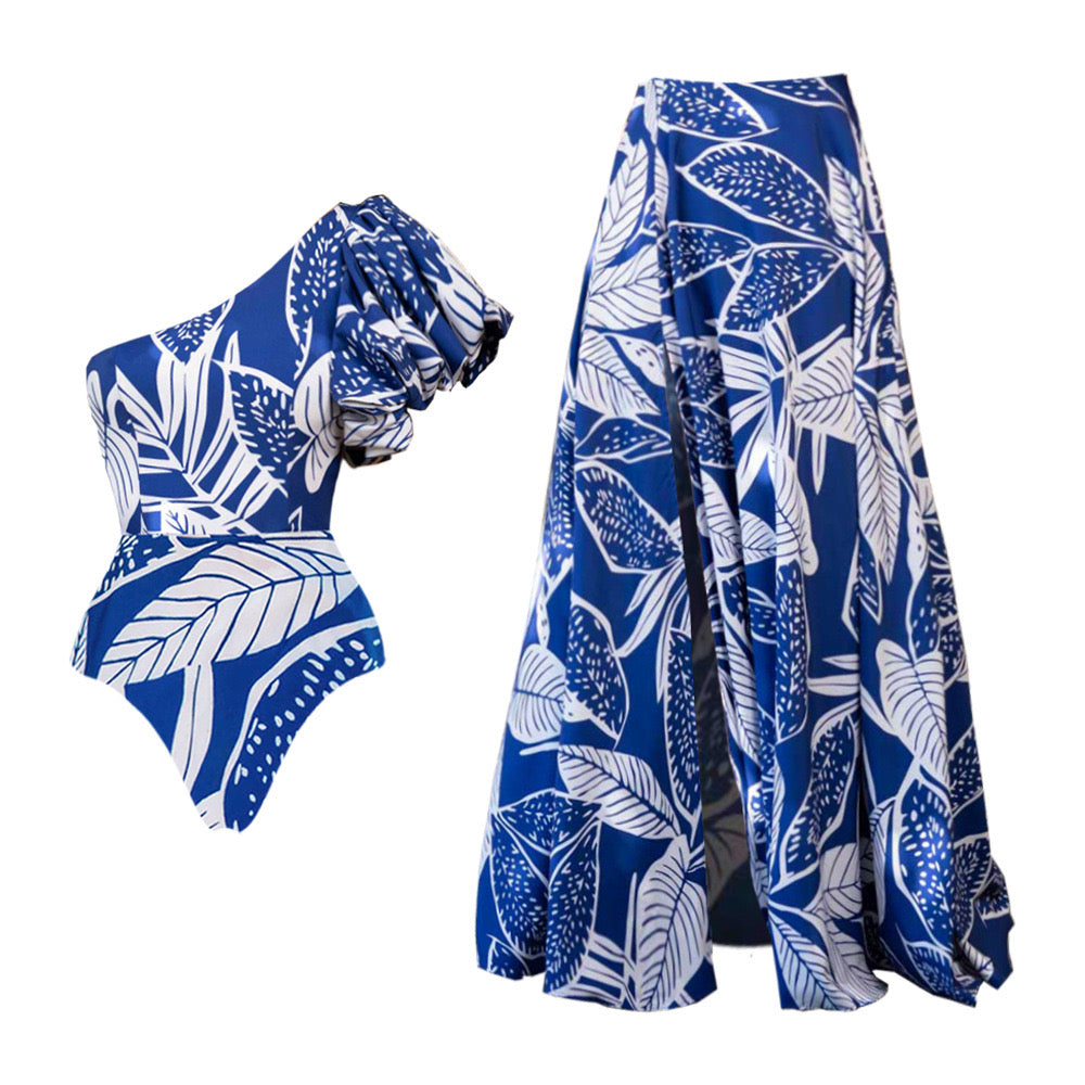 Leaf Print One Shoulder Monokini with Skirt Set